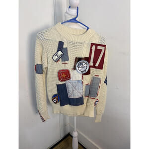 Vintage Riley Cream Knit Sweater with Multi-Patch Applique Design
